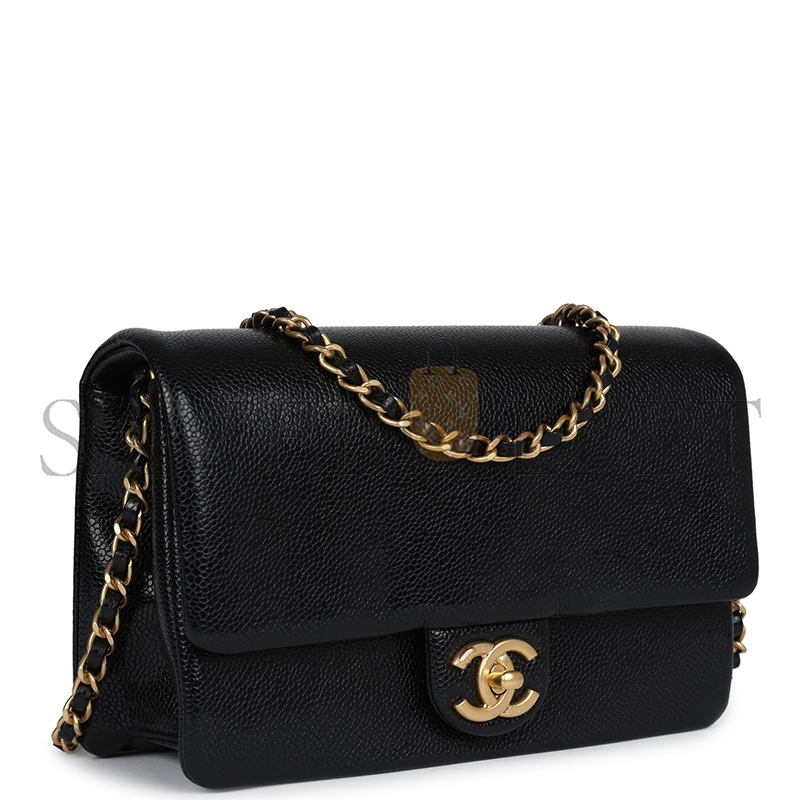 CHANEL MASTER SMALL FLAP BAG BLACK SHINY GRAINED CALFSKIN BRUSHED GOLD HARDWARE  AS5186 (23*15*8cm)